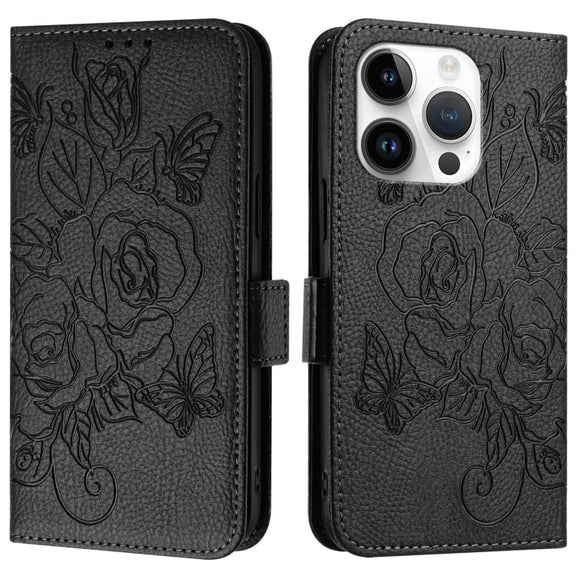 For iPhone 16 Pro Embossed Rose RFID Anti-theft Leather Phone Case(Black)