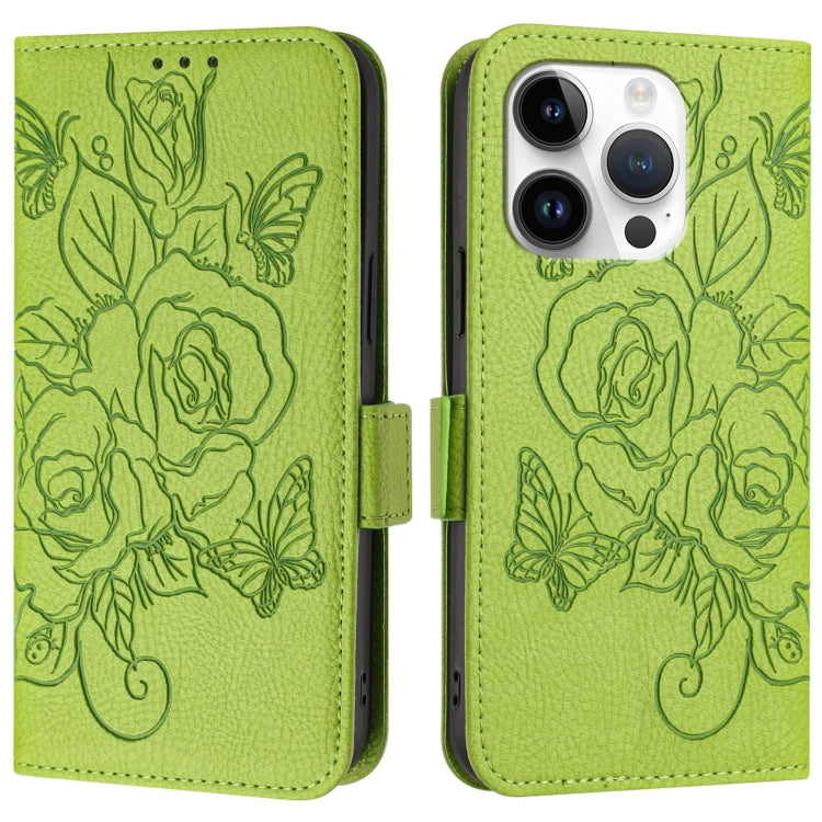 For iPhone 16 Pro Max Embossed Rose RFID Anti-theft Leather Phone Case(Green) - iPhone 16 Pro Max Cases by PMC TechLife | Online Shopping South Africa | PMC TechLife | Buy Now Pay Later Mobicred