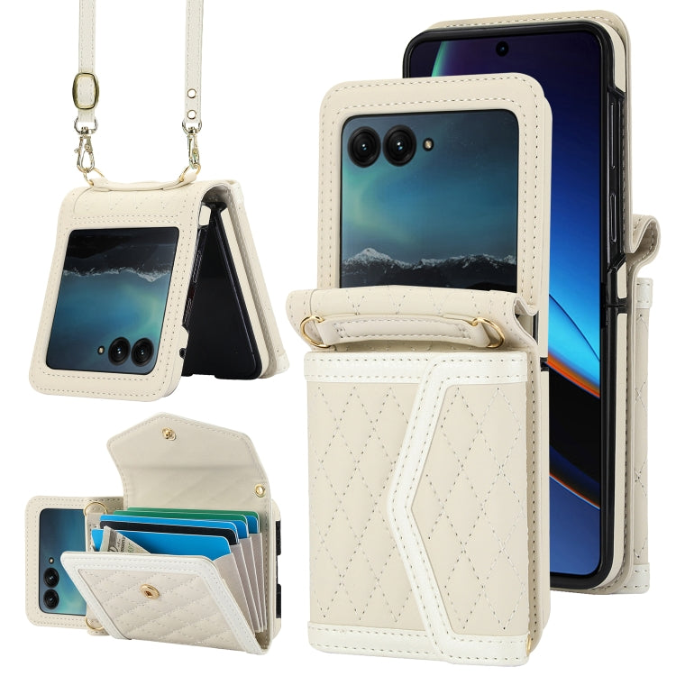 For Motorola Razr 40 Ultra Splicing Rhombic Texture Phone Case with Long & Short Lanyard(Beige) - free shipping - PMC TechLife - Order now!