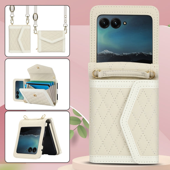 For Motorola Razr 40 Ultra Splicing Rhombic Texture Phone Case with Long & Short Lanyard(Beige)