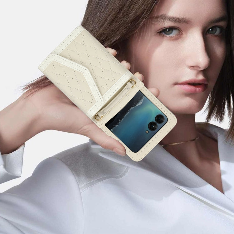 For Motorola Razr 40 Ultra Splicing Rhombic Texture Phone Case with Long & Short Lanyard(Beige) - free shipping - PMC TechLife - Order now!