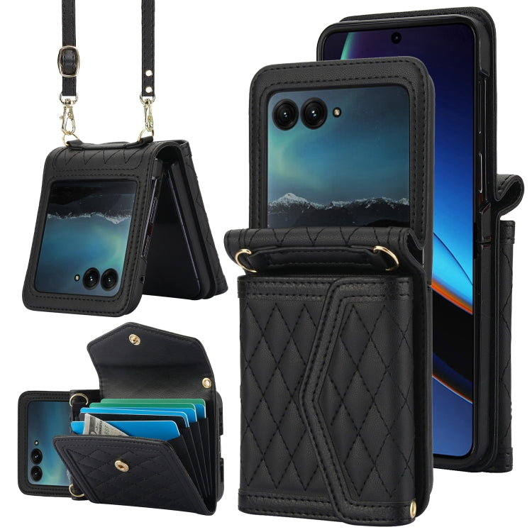 For Motorola Razr 40 Ultra Splicing Rhombic Texture Phone Case with Long & Short Lanyard(Black) - Motorola Cases by PMC TechLife | Online Shopping South Africa | PMC TechLife | Buy Now Pay Later Mobicred