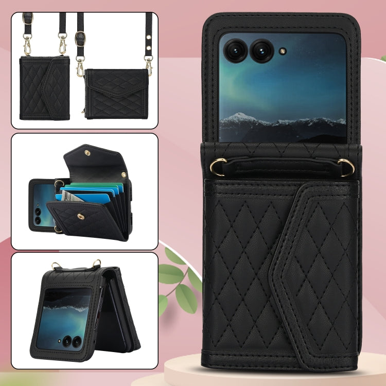For Motorola Razr 40 Ultra Splicing Rhombic Texture Phone Case with Long & Short Lanyard(Black) - Motorola Cases by PMC TechLife | Online Shopping South Africa | PMC TechLife | Buy Now Pay Later Mobicred