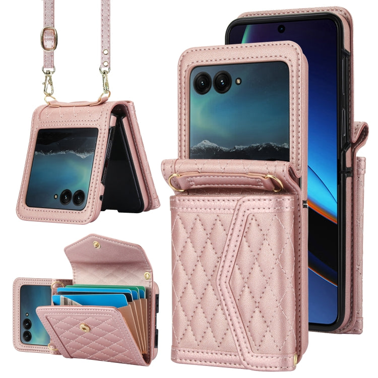 For Motorola Razr 40 Ultra Splicing Rhombic Texture Phone Case with Long & Short Lanyard(Rose Gold) - Motorola Cases by PMC TechLife | Online Shopping South Africa | PMC TechLife | Buy Now Pay Later Mobicred
