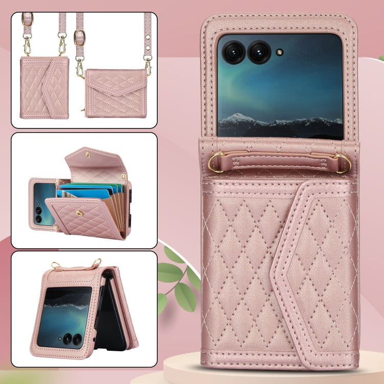 For Motorola Razr 40 Ultra Splicing Rhombic Texture Phone Case with Long & Short Lanyard(Rose Gold)