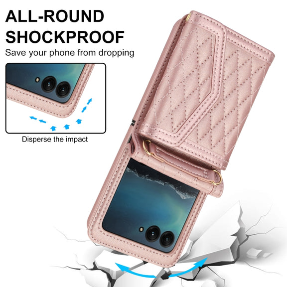 For Motorola Razr 40 Ultra Splicing Rhombic Texture Phone Case with Long & Short Lanyard(Rose Gold)