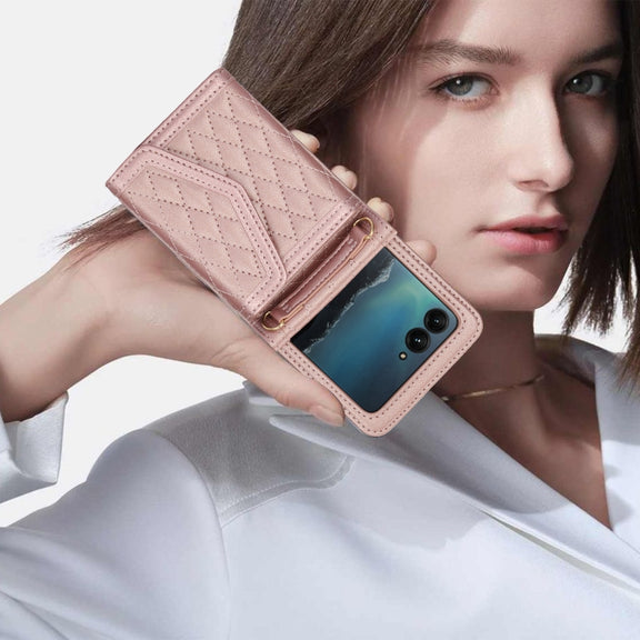 For Motorola Razr 40 Ultra Splicing Rhombic Texture Phone Case with Long & Short Lanyard(Rose Gold)