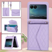 For Motorola Razr 40 Ultra Splicing Rhombic Texture Phone Case with Long & Short Lanyard(Purple)