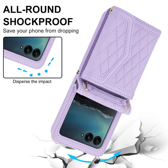 For Motorola Razr 40 Ultra Splicing Rhombic Texture Phone Case with Long & Short Lanyard(Purple)