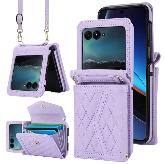 For Motorola Razr 40 Ultra Splicing Rhombic Texture Phone Case with Long & Short Lanyard(Purple)