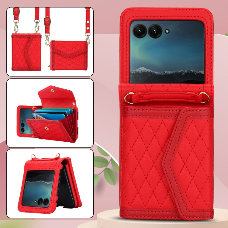 For Motorola Razr 40 Ultra Splicing Rhombic Texture Phone Case with Long & Short Lanyard(Red) - Motorola Cases by PMC TechLife | Online Shopping South Africa | PMC TechLife | Buy Now Pay Later Mobicred