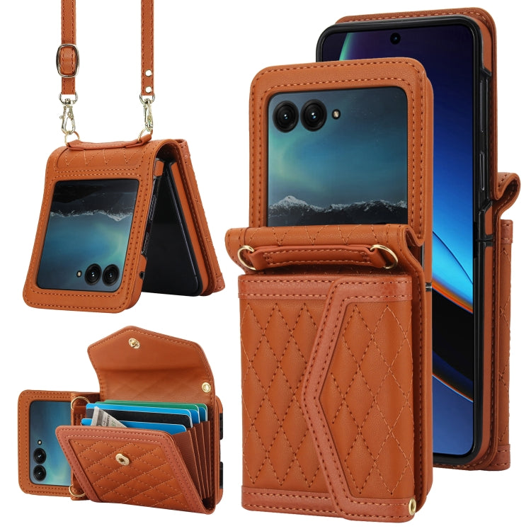 For Motorola Razr 40 Ultra Splicing Rhombic Texture Phone Case with Long & Short Lanyard(Brown) - Motorola Cases by PMC TechLife | Online Shopping South Africa | PMC TechLife | Buy Now Pay Later Mobicred