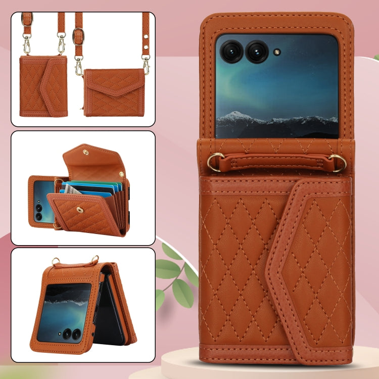 For Motorola Razr 40 Ultra Splicing Rhombic Texture Phone Case with Long & Short Lanyard(Brown) - Motorola Cases by PMC TechLife | Online Shopping South Africa | PMC TechLife | Buy Now Pay Later Mobicred
