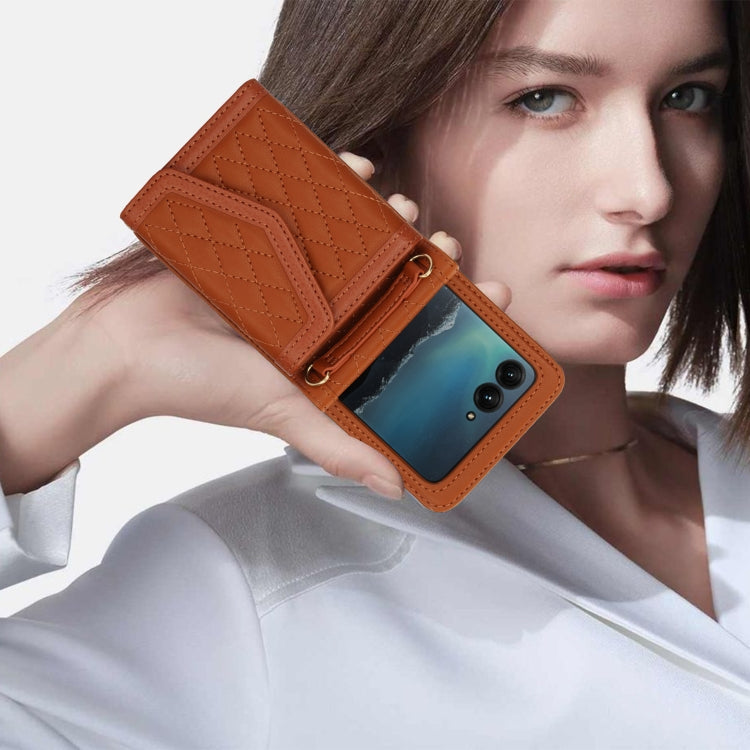 For Motorola Razr 40 Ultra Splicing Rhombic Texture Phone Case with Long & Short Lanyard(Brown) - Motorola Cases by PMC TechLife | Online Shopping South Africa | PMC TechLife | Buy Now Pay Later Mobicred