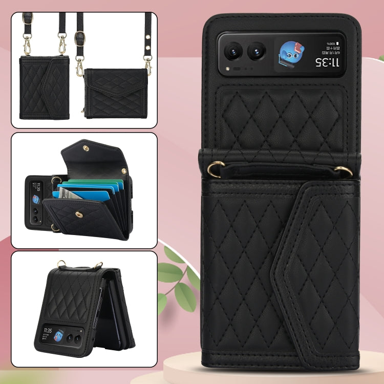 For Motorola Razr 40 Splicing Rhombic Texture Phone Case with Long & Short Lanyard(Black) - Motorola Cases by PMC TechLife | Online Shopping South Africa | PMC TechLife | Buy Now Pay Later Mobicred