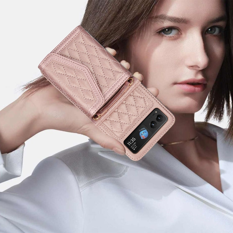 For Motorola Razr 40 Splicing Rhombic Texture Phone Case with Long & Short Lanyard(Rose Gold) - Motorola Cases by PMC TechLife | Online Shopping South Africa | PMC TechLife | Buy Now Pay Later Mobicred