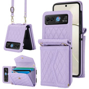 For Motorola Razr 40 Splicing Rhombic Texture Phone Case with Long & Short Lanyard(Purple)