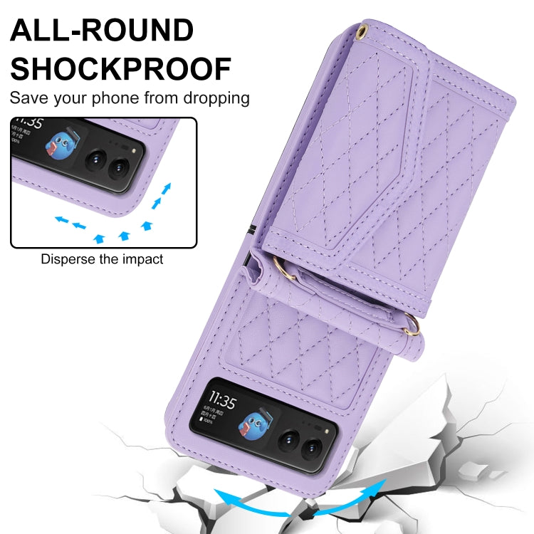 For Motorola Razr 40 Splicing Rhombic Texture Phone Case with Long & Short Lanyard(Purple) - Motorola Cases by PMC TechLife | Online Shopping South Africa | PMC TechLife | Buy Now Pay Later Mobicred