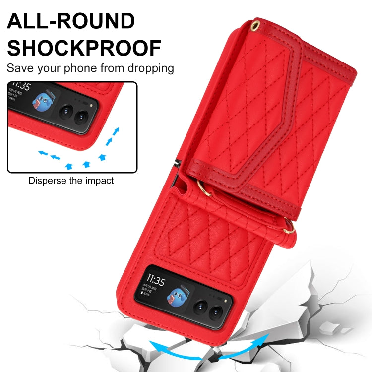 For Motorola Razr 40 Splicing Rhombic Texture Phone Case with Long & Short Lanyard(Red) - Motorola Cases by PMC TechLife | Online Shopping South Africa | PMC TechLife | Buy Now Pay Later Mobicred