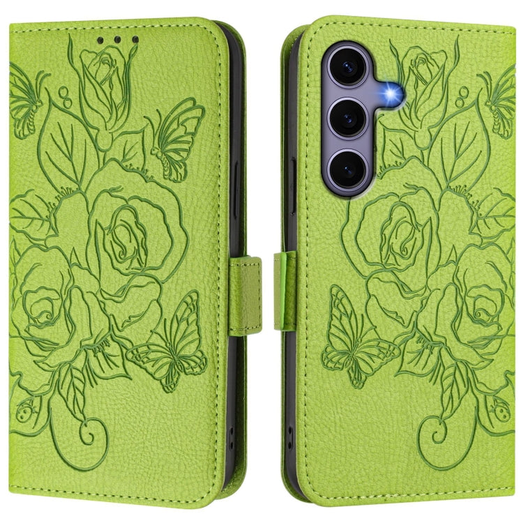 For Samsung Galaxy S25 5G Embossed Rose RFID Anti-theft Leather Phone Case(Green)