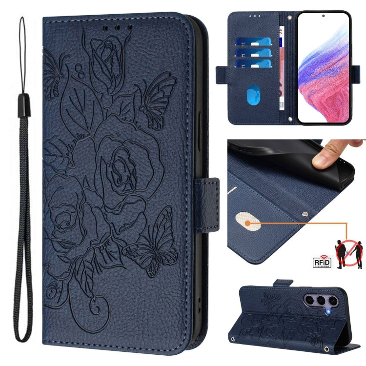 For Samsung Galaxy S25 5G Embossed Rose RFID Anti-theft Leather Phone Case(Dark Blue) - Galaxy S25 5G Cases by PMC Jewellery | Online Shopping South Africa | PMC Jewellery | Buy Now Pay Later Mobicred