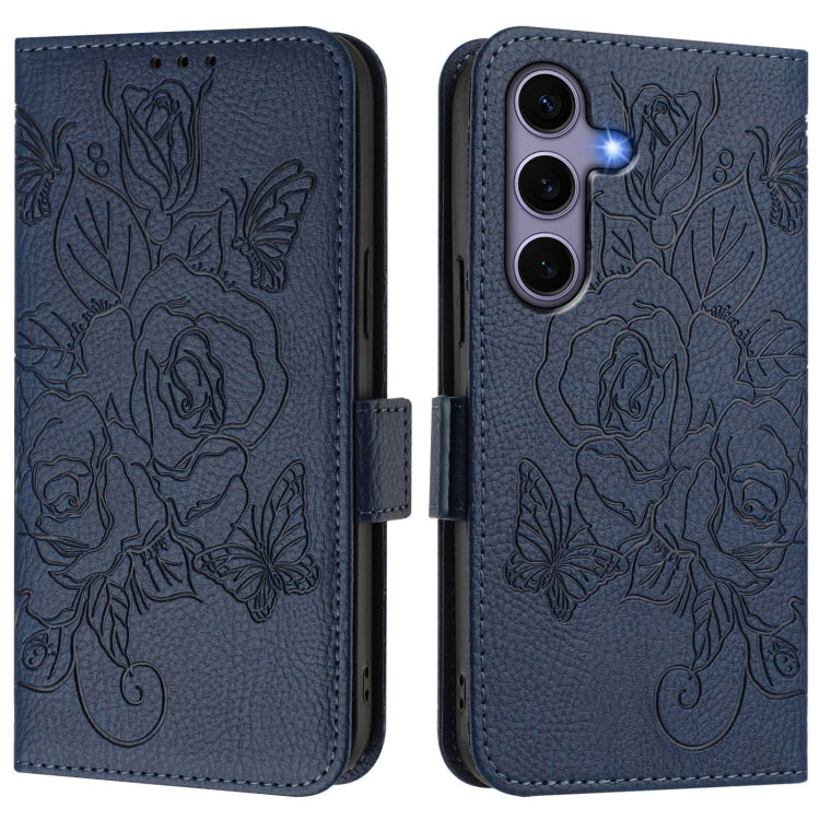 For Samsung Galaxy S25 5G Embossed Rose RFID Anti-theft Leather Phone Case(Dark Blue) - Galaxy S25 5G Cases by PMC Jewellery | Online Shopping South Africa | PMC Jewellery | Buy Now Pay Later Mobicred
