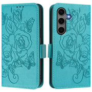 For Samsung Galaxy S25+ 5G Embossed Rose RFID Anti-theft Leather Phone Case(Light Blue)