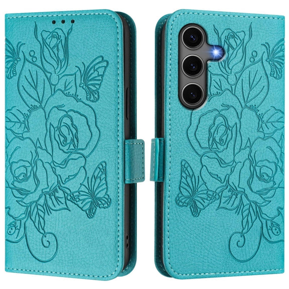 For Samsung Galaxy S25+ 5G Embossed Rose RFID Anti-theft Leather Phone Case(Light Blue)