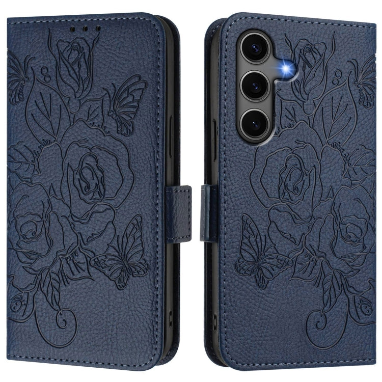 For Samsung Galaxy S25+ 5G Embossed Rose RFID Anti-theft Leather Phone Case(Dark Blue) - Galaxy S25+ 5G Cases by PMC Jewellery | Online Shopping South Africa | PMC Jewellery | Buy Now Pay Later Mobicred