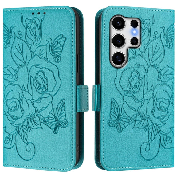 For Samsung Galaxy S25 Ultra 5G Embossed Rose RFID Anti-theft Leather Phone Case(Light Blue)