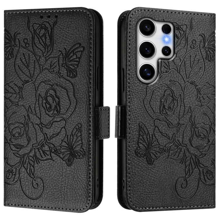 For Samsung Galaxy S25 Ultra 5G Embossed Rose RFID Anti-theft Leather Phone Case(Black)