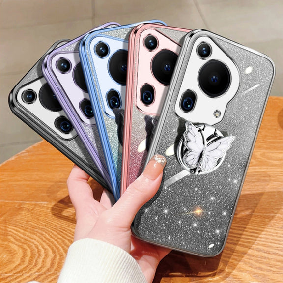 For Huawei Pura 70 Ultra Plated Gradient Glitter Butterfly Holder TPU Phone Case(Silver)