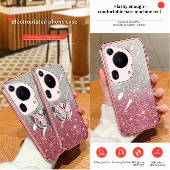 For Huawei Pura 70 Ultra Plated Gradient Glitter Butterfly Holder TPU Phone Case(Silver)