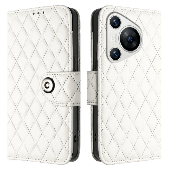 For Huawei Pura 70 Rhombic Texture Flip Leather Phone Case with Lanyard(White)