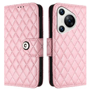 For Huawei Pura 70 Rhombic Texture Flip Leather Phone Case with Lanyard(Pink)