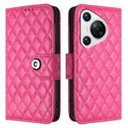 For Huawei Pura 70 Rhombic Texture Flip Leather Phone Case with Lanyard(Rose Red)