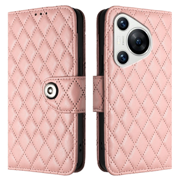 For Huawei Pura 70 Rhombic Texture Flip Leather Phone Case with Lanyard(Coral Pink)
