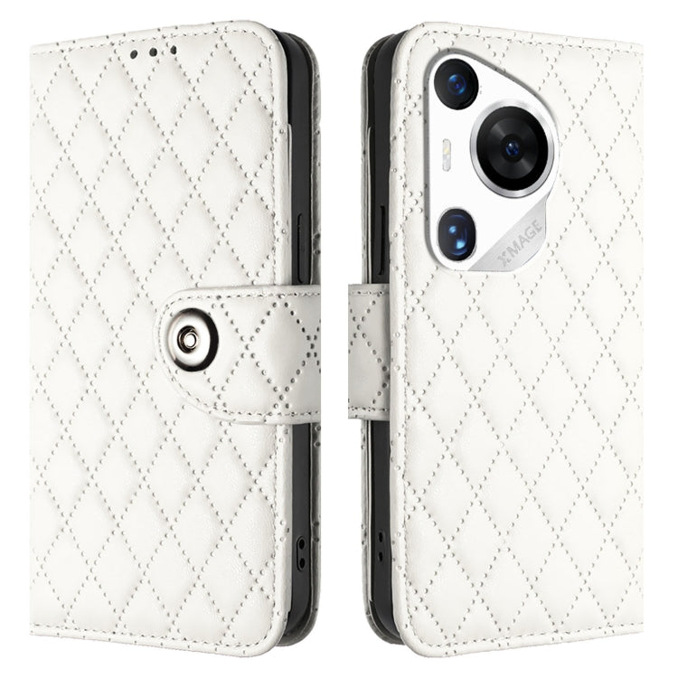 For Huawei Pura 70 Pro Rhombic Texture Flip Leather Phone Case with Lanyard(White)