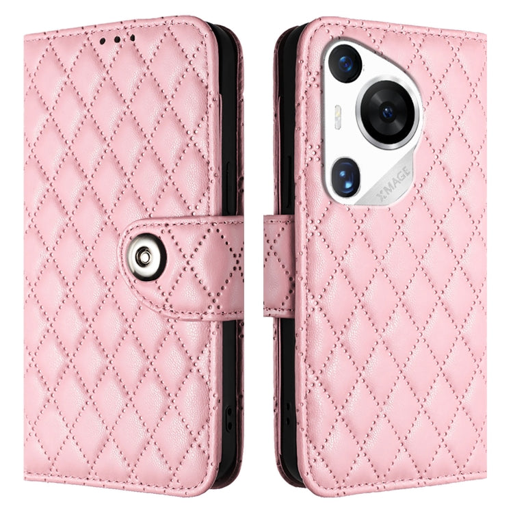 For Huawei Pura 70 Pro Rhombic Texture Flip Leather Phone Case with Lanyard(Pink)