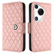 For Huawei Pura 70 Pro Rhombic Texture Flip Leather Phone Case with Lanyard(Coral Pink)