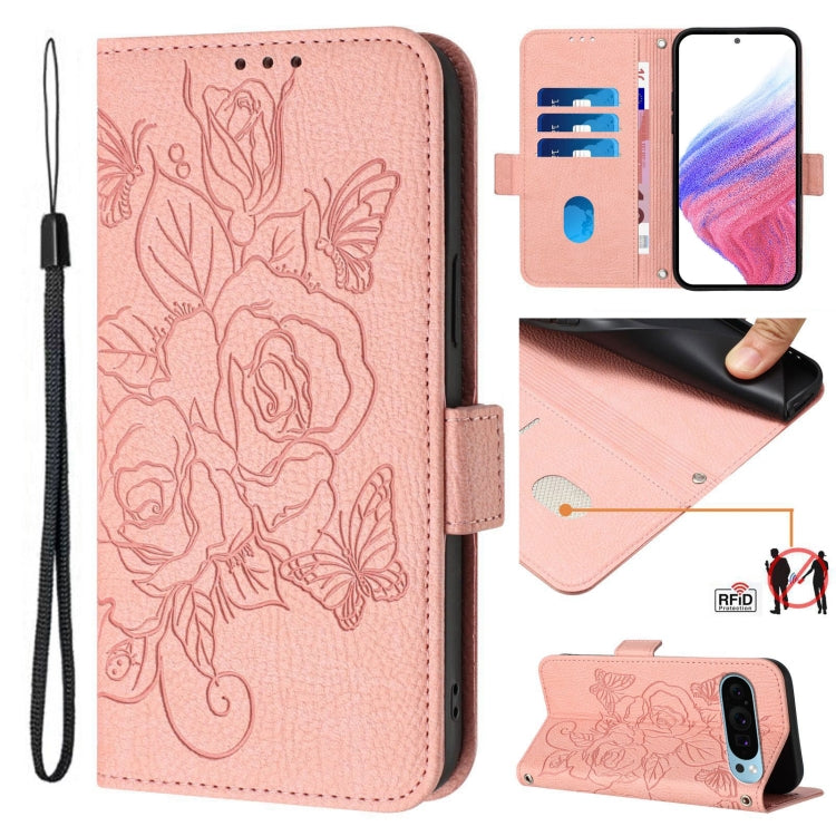 For Google Pixel 9 / 9 Pro Embossed Rose RFID Anti-theft Leather Phone Case(Pink) - Google Cases by PMC TechLife | Online Shopping South Africa | PMC TechLife | Buy Now Pay Later Mobicred