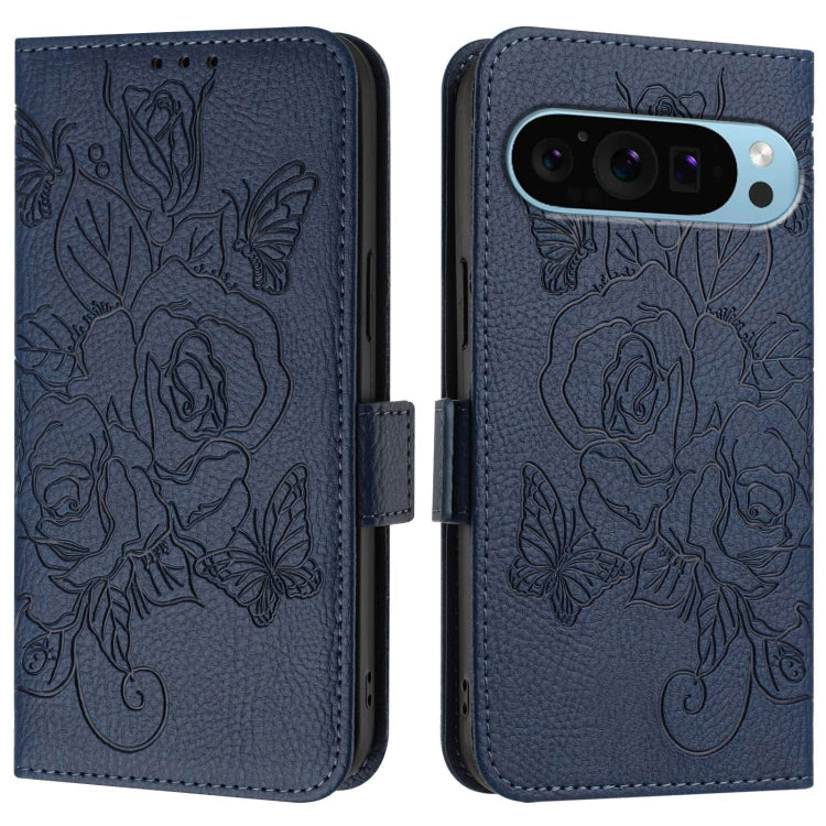 For Google Pixel 9 / 9 Pro Embossed Rose RFID Anti-theft Leather Phone Case(Dark Blue) - Google Cases by PMC TechLife | Online Shopping South Africa | PMC TechLife | Buy Now Pay Later Mobicred