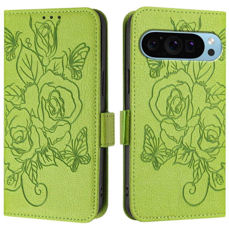 For Google Pixel 9 Pro XL Embossed Rose RFID Anti-theft Leather Phone Case(Green) - Google Cases by PMC TechLife | Online Shopping South Africa | PMC TechLife | Buy Now Pay Later Mobicred