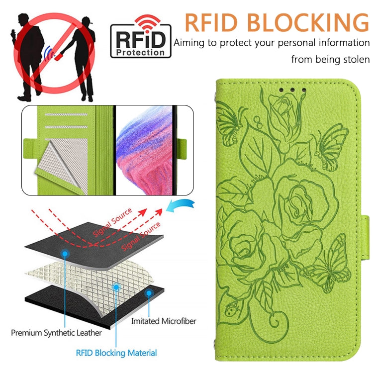 For Google Pixel 9 Pro XL Embossed Rose RFID Anti-theft Leather Phone Case(Green) - Google Cases by PMC TechLife | Online Shopping South Africa | PMC TechLife | Buy Now Pay Later Mobicred
