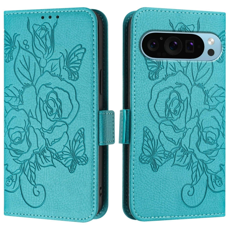 For Google Pixel 9 Pro XL Embossed Rose RFID Anti-theft Leather Phone Case(Light Blue)