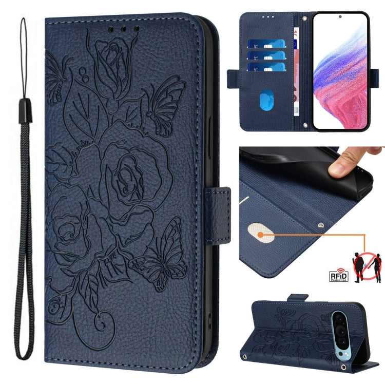 For Google Pixel 9 Pro XL Embossed Rose RFID Anti-theft Leather Phone Case(Dark Blue) - Google Cases by PMC TechLife | Online Shopping South Africa | PMC TechLife | Buy Now Pay Later Mobicred