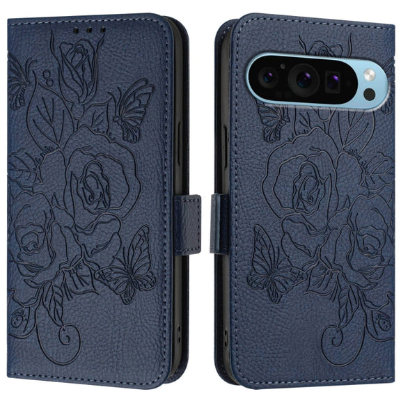 For Google Pixel 9 Pro XL Embossed Rose RFID Anti-theft Leather Phone Case(Dark Blue)