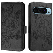For Google Pixel 9 Pro XL Embossed Rose RFID Anti-theft Leather Phone Case(Black)