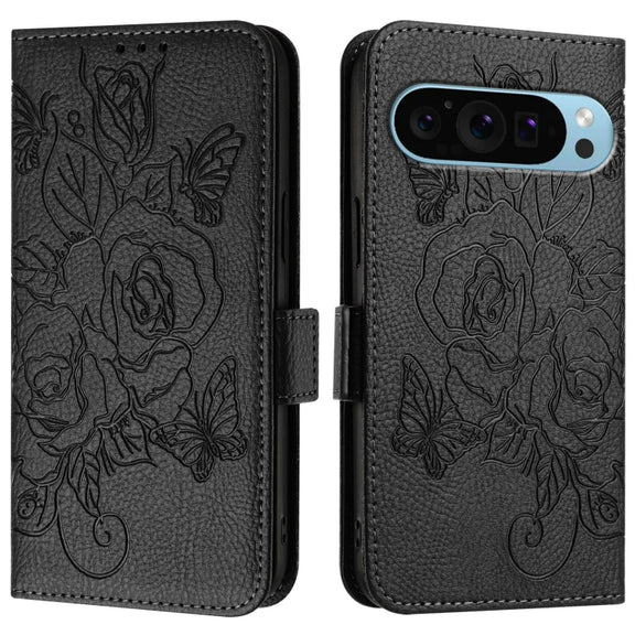 For Google Pixel 9 Pro XL Embossed Rose RFID Anti-theft Leather Phone Case(Black)