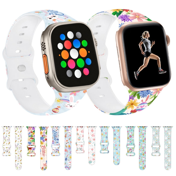 For Apple Watch SE 2023 44mm Butterfly Buckle Easter Printed Silicone Watch Band(Bunny Blue)